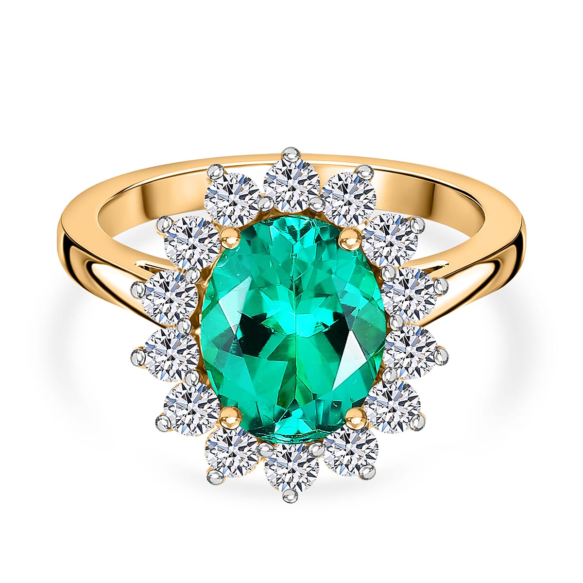 Luxuriant - AAA Lab Grown Columbian Emerald & SI-G-H Lab Grown Diamond Halo Ring in 18K Vermeil Yellow Gold Plated Sterling Silver 3.26 Ct.