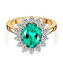 Luxuriant - AAA Lab Grown Columbian Emerald & SI-G-H Lab Grown Diamond Halo Ring in 18K Vermeil Yellow Gold Plated Sterling Silver 3.26 Ct.