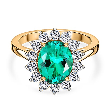 Luxuriant - AAA Lab Grown Columbian Emerald & SI-G-H Lab Grown Diamond Halo Ring in 18K Vermeil Yellow Gold Plated Sterling Silver 3.26 Ct.