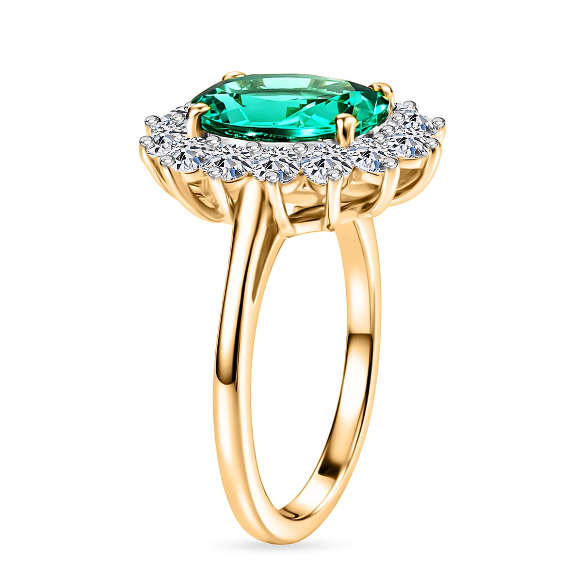 Luxuriant - AAA Lab Grown Columbian Emerald & SI-G-H Lab Grown Diamond Halo Ring in 18K Vermeil Yellow Gold Plated Sterling Silver 3.26 Ct.