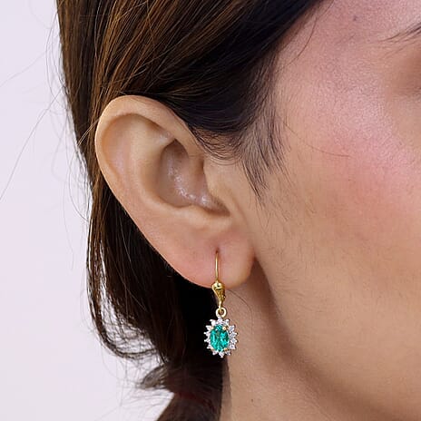 Luxuriant - Lab Grown Columbian Emerald and Lab Grown Diamond (SI-G-H) Halo Earring with Lever Back in 18K Vermeil Sterling Silver 1.78 Ct.