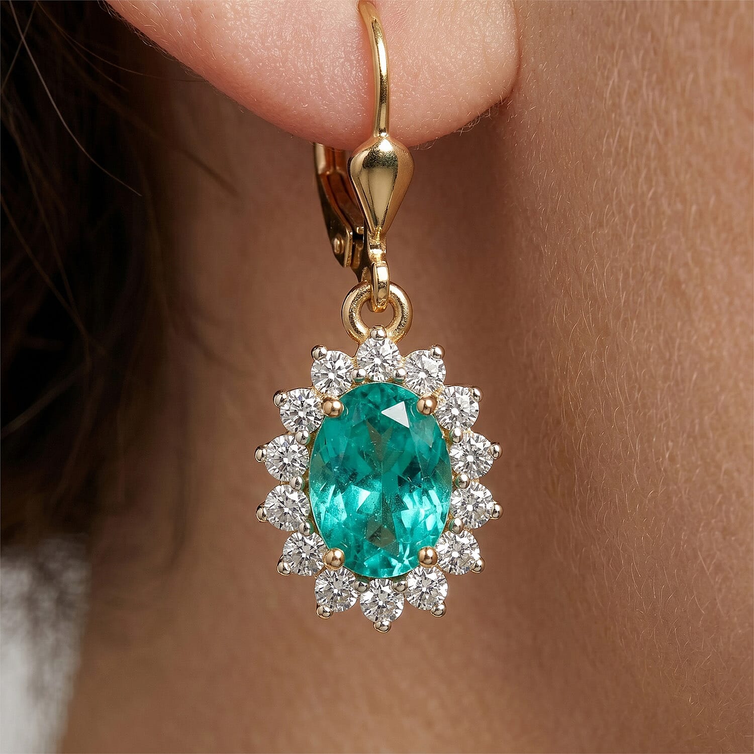 Luxuriant - Lab Grown Columbian Emerald and Lab Grown Diamond (SI-G-H) Halo Earring with Lever Back in 18K Vermeil Sterling Silver 1.78 Ct.
