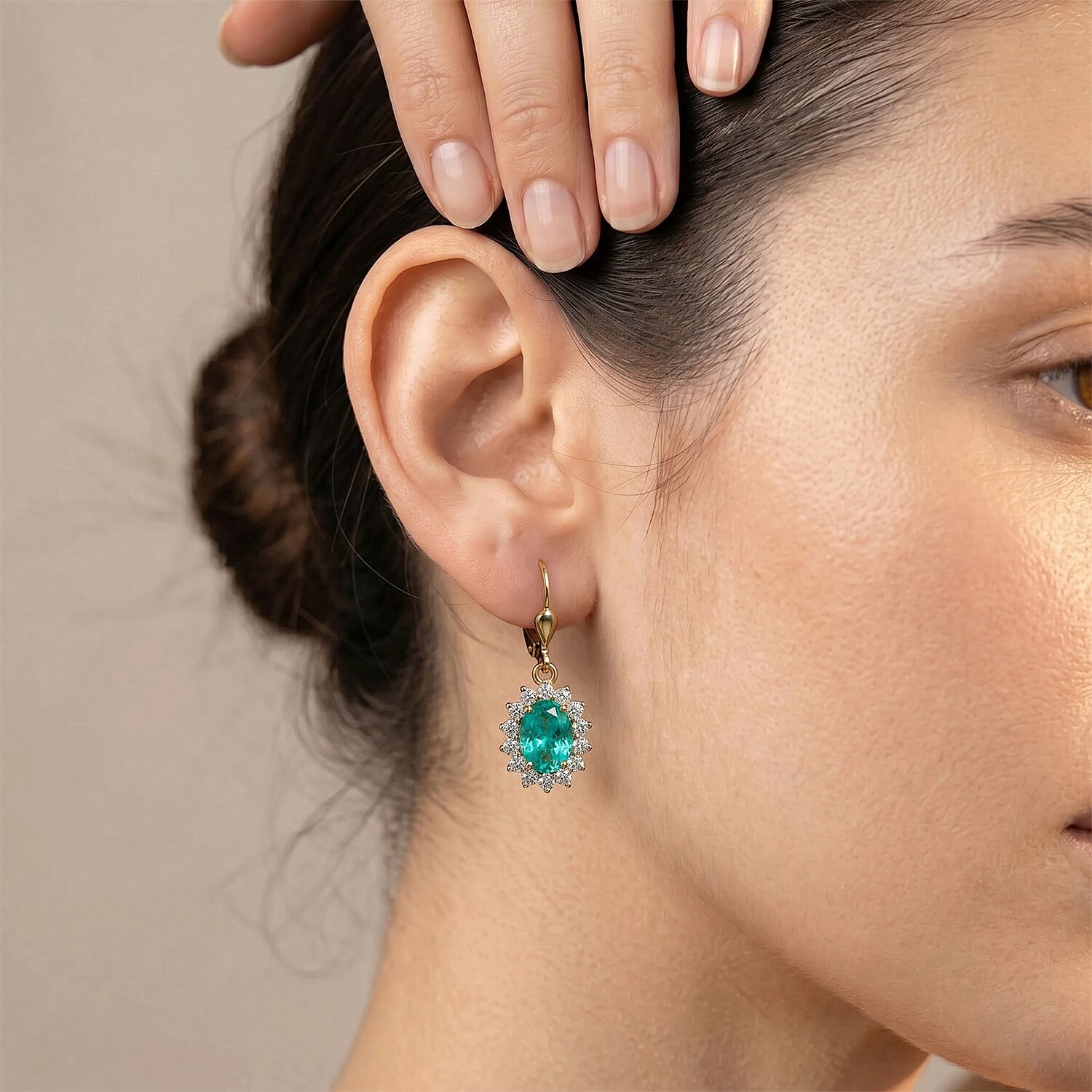 Luxuriant - Lab Grown Columbian Emerald and Lab Grown Diamond (SI-G-H) Halo Earring with Lever Back in 18K Vermeil Sterling Silver 1.78 Ct.