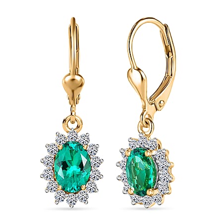 Luxuriant - Lab Grown Columbian Emerald and Lab Grown Diamond (SI-G-H) Halo Earring with Lever Back in 18K Vermeil Sterling Silver 1.78 Ct.