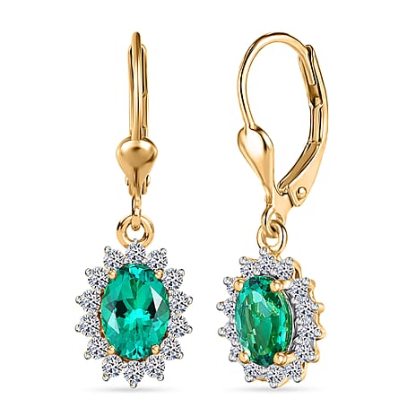 Luxuriant - Lab Grown Columbian Emerald & SI-G-H Lab Grown Diamond Halo Earring with Lever Back in 18K Vermeil Yellow Gold Plated Sterling Silver 1.78 Ct.