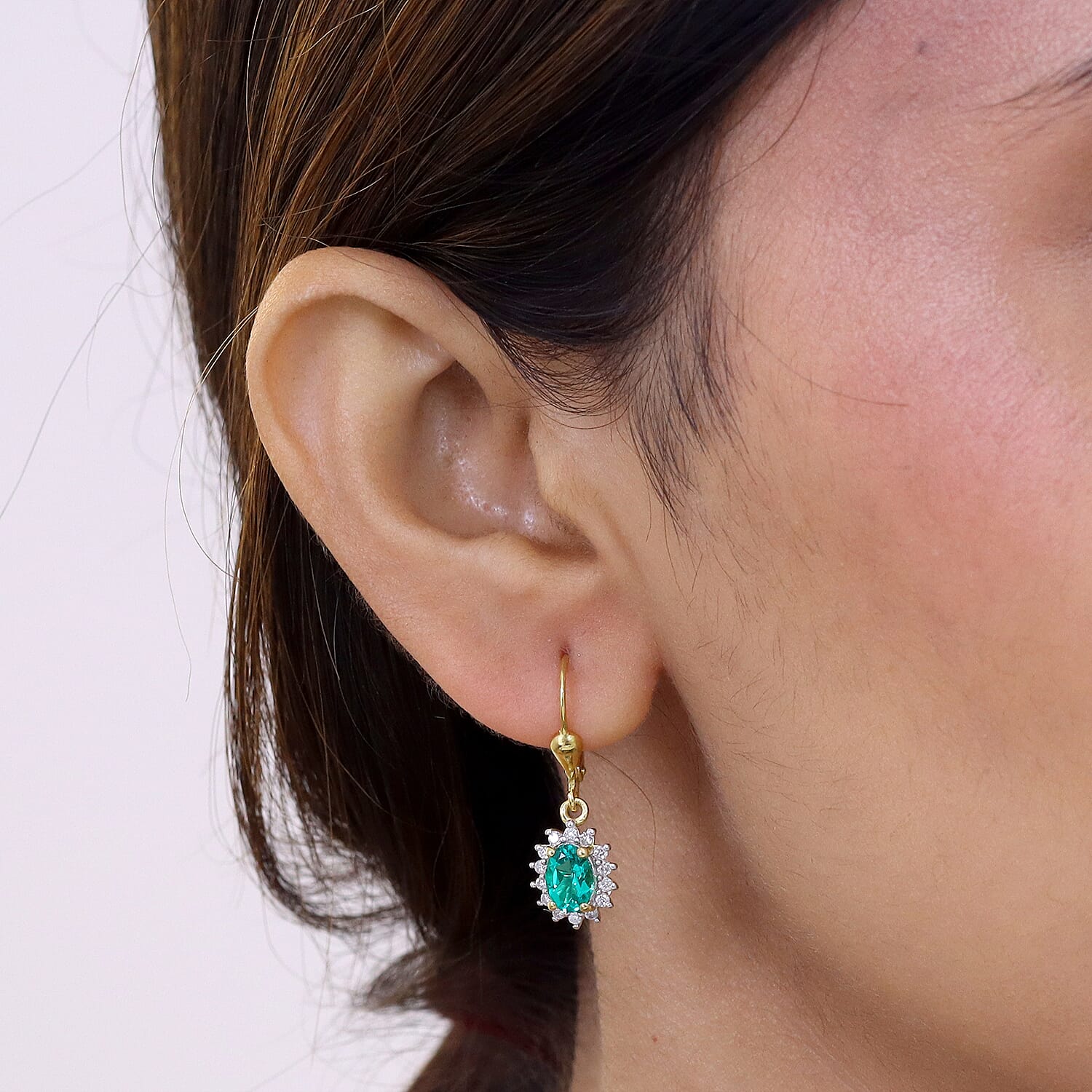 Luxuriant - Lab Grown Columbian Emerald & SI-G-H Lab Grown Diamond Halo Earring with Lever Back in 18K Vermeil Yellow Gold Plated Sterling Silver 1.78 Ct.
