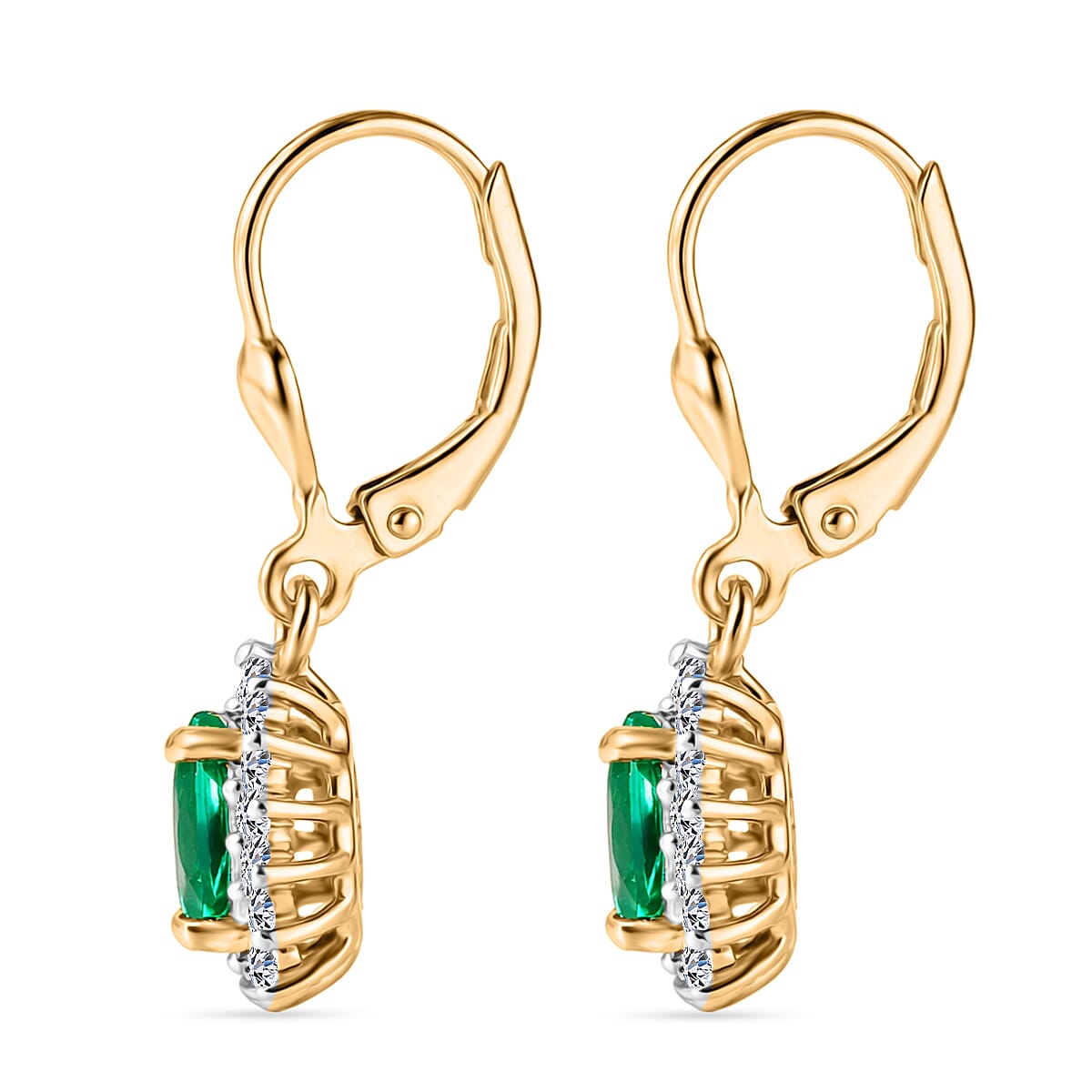 Luxuriant - Lab Grown Columbian Emerald & SI-G-H Lab Grown Diamond Halo Earring with Lever Back in 18K Vermeil Yellow Gold Plated Sterling Silver 1.78 Ct.