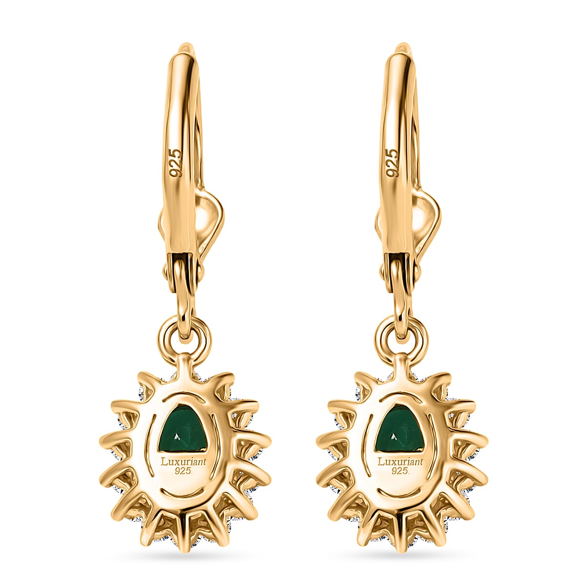 Luxuriant - Lab Grown Columbian Emerald & SI-G-H Lab Grown Diamond Halo Earring with Lever Back in 18K Vermeil Yellow Gold Plated Sterling Silver 1.78 Ct.