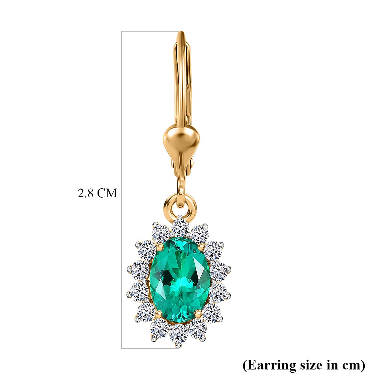Luxuriant - Lab Grown Columbian Emerald & SI-G-H Lab Grown Diamond Halo Earring with Lever Back in 18K Vermeil Yellow Gold Plated Sterling Silver 1.78 Ct.