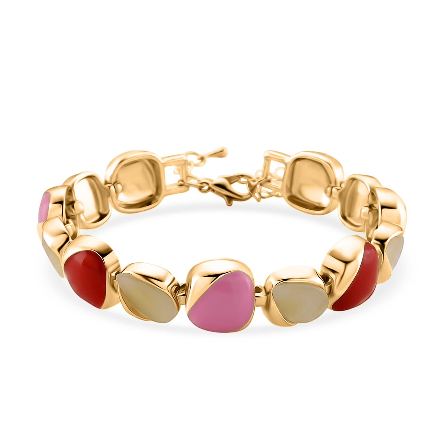 Created White Cat's Eye Cluster Bracelet (Size - 7-2 Ext) with Red & Pink Enameling 5.00 Ct.