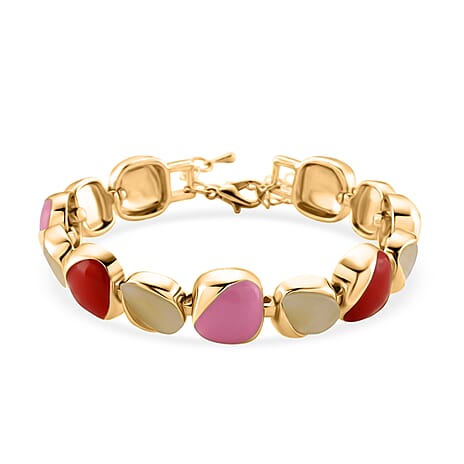 Created White Cat's Eye Cluster Bracelet (Size - 7-2 Ext) with Red & Pink Enameling 5.00 Ct.