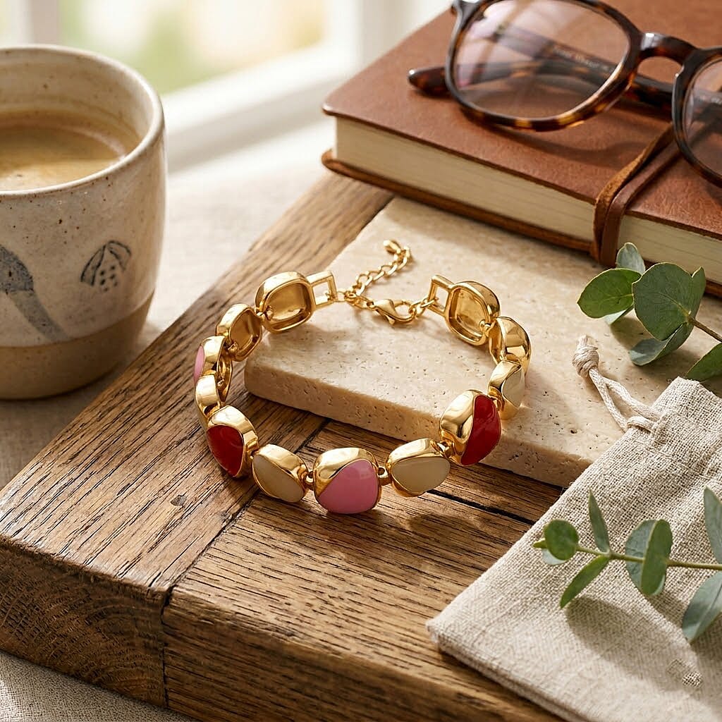 Created White Cat's Eye Cluster Bracelet (Size - 7-2 Ext) with Red & Pink Enameling 5.00 Ct.