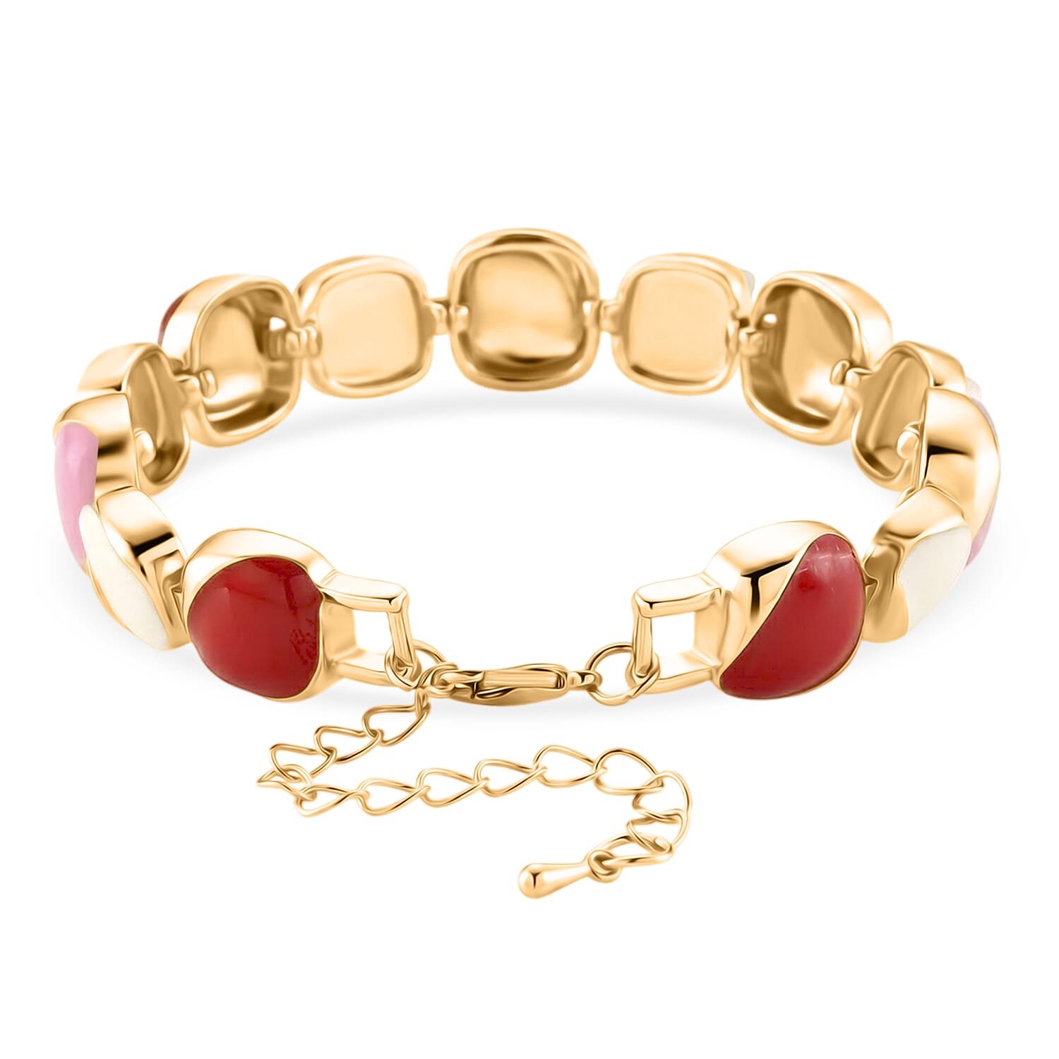 Created White Cat's Eye Cluster Bracelet (Size - 7-2 Ext) with Red & Pink Enameling 5.00 Ct.
