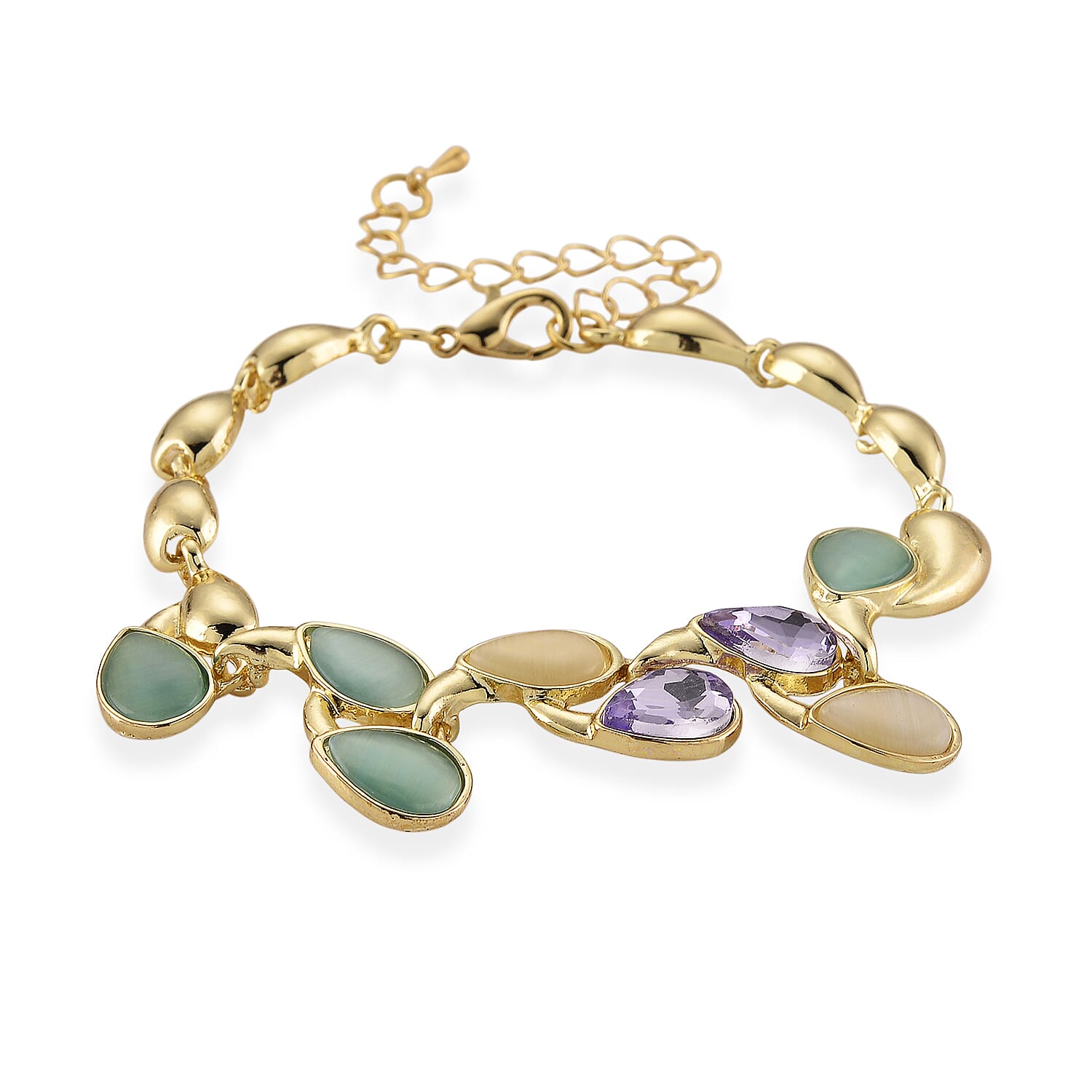 Created White Cat's Eye, Created Green Cat's Eye & Purple Crystal Bracelet (Size - 7) 2.80 Ct.