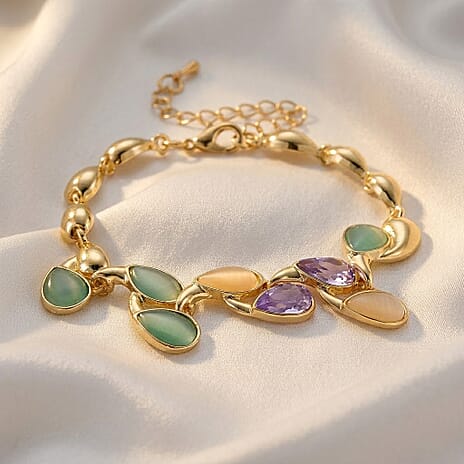 Bloomstone Collection - Created White Cat's Eye, Created Green Cat's Eye & Purple Crystal Bracelet (Size - 7-2 Ext) 2.80 Ct.