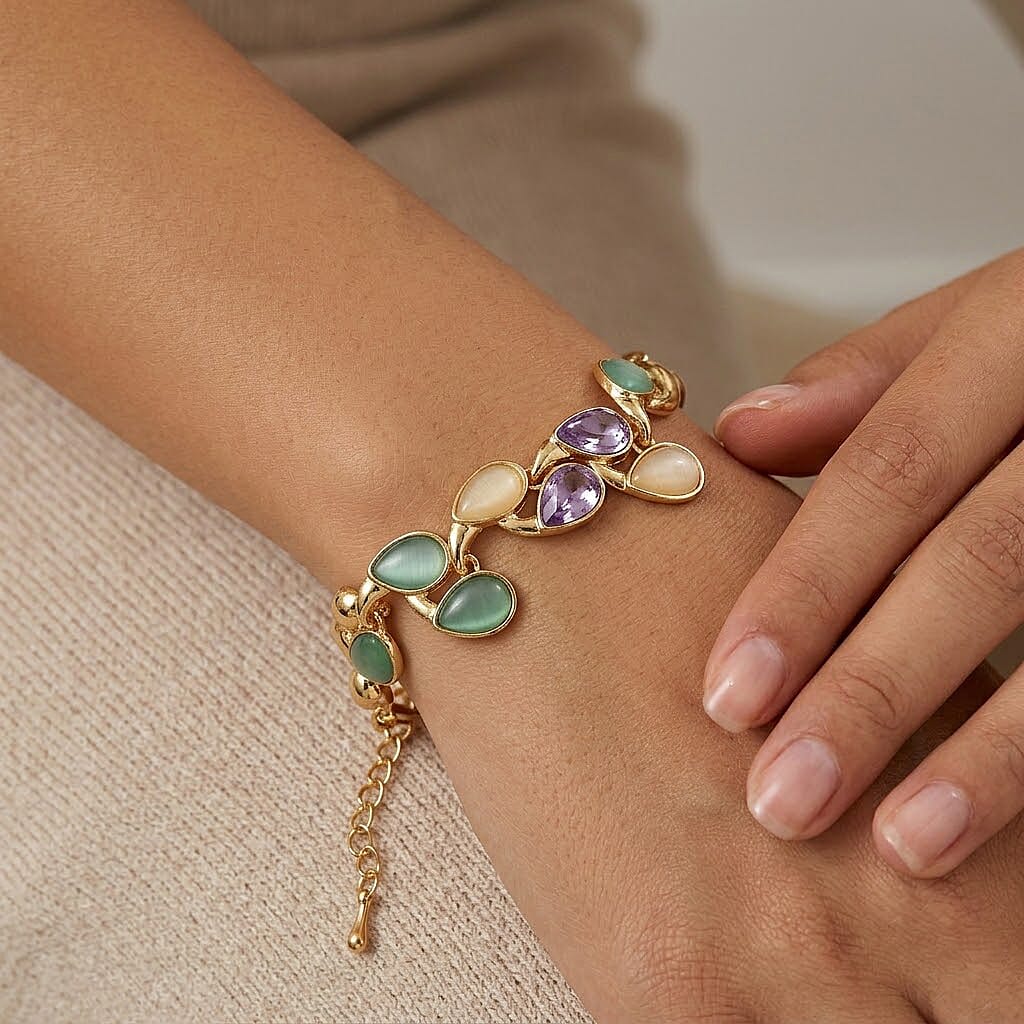 Created White Cat's Eye, Created Green Cat's Eye & Purple Crystal Bracelet (Size - 7) 2.80 Ct.