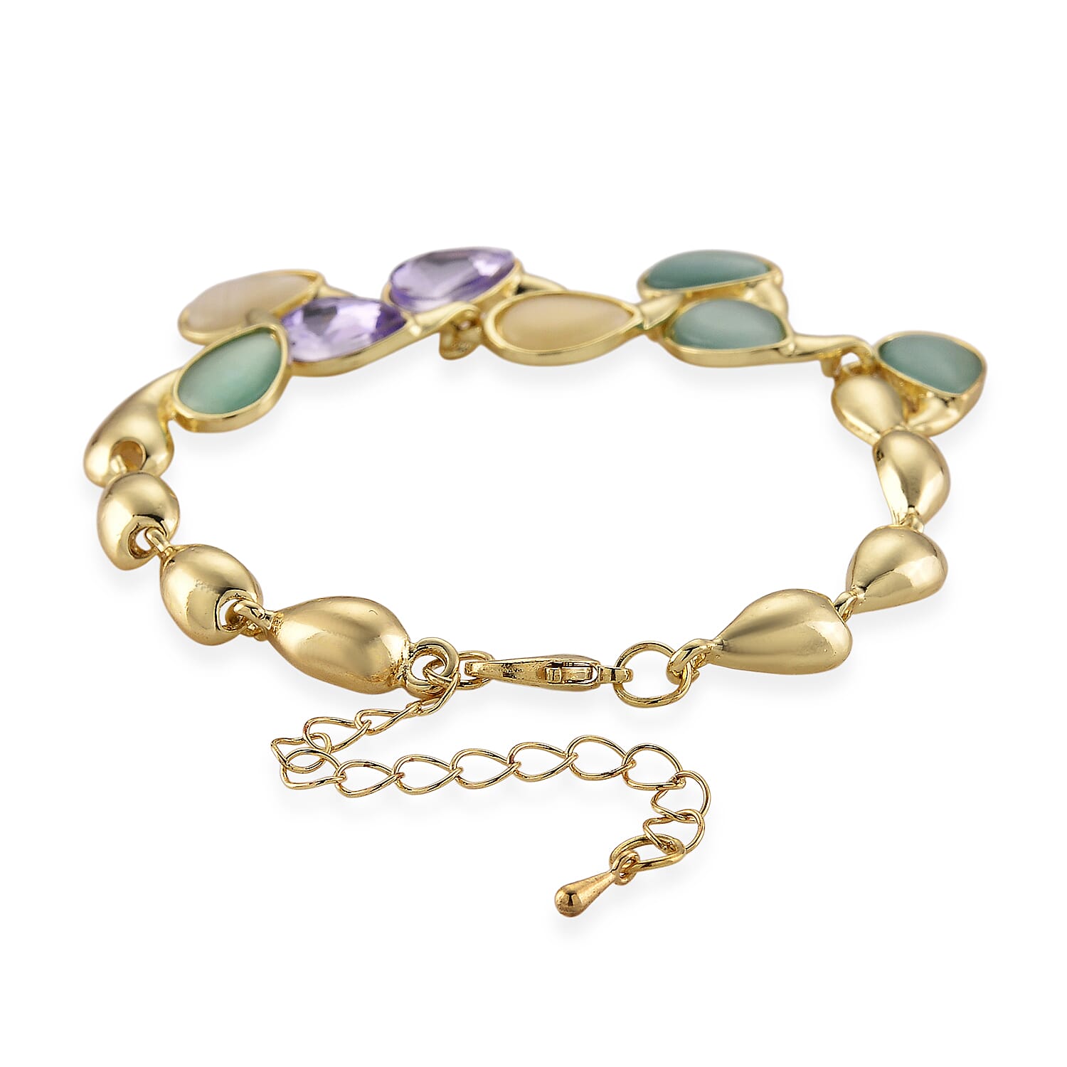 Created White Cat's Eye, Created Green Cat's Eye & Purple Crystal Bracelet (Size - 7) 2.80 Ct.
