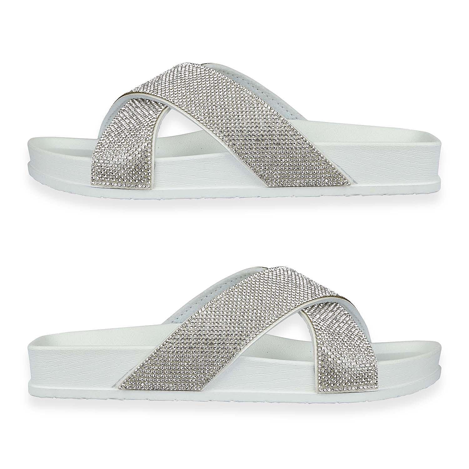 Jo & Joe Dusk Ladies Cross Over Mule With Diamantes Shoetree Comfort Wisteria Ladies Lightweight Cross Over Mule With Diamante Trim And Flexible Outsole 