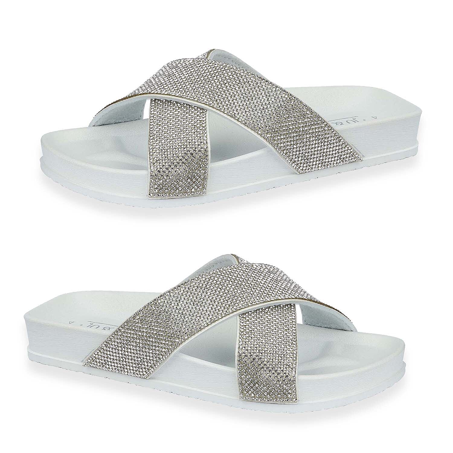 Jo & Joe Dusk Ladies Cross Over Mule With Diamantes Shoetree Comfort Wisteria Ladies Lightweight Cross Over Mule With Diamante Trim And Flexible Outsole 