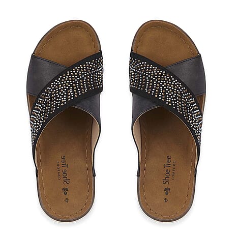Shoetree Comfort Wisteria Ladies Lightweight Cross Over Mule With Diamante Trim And  Flexible Outsole (Size 4) - Black