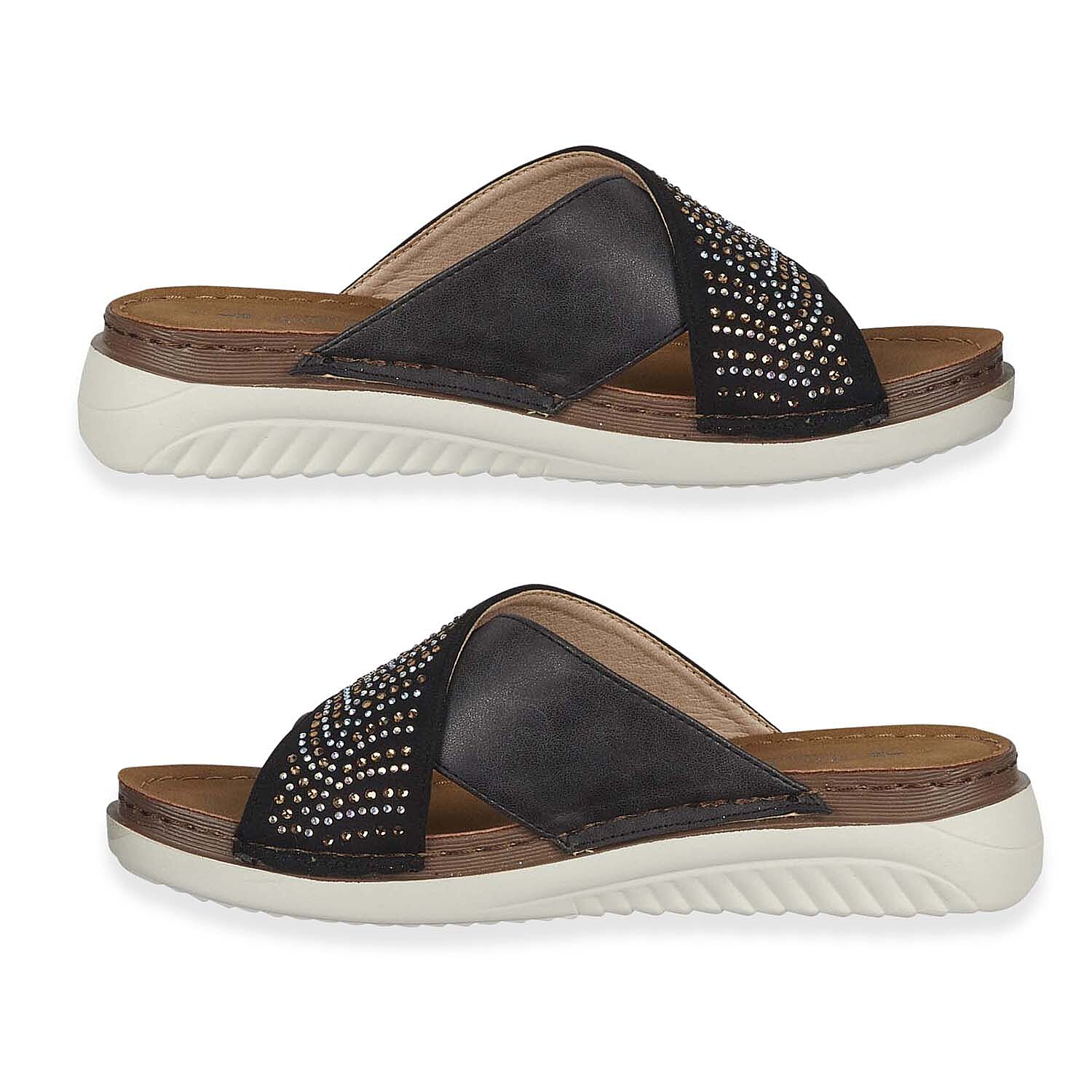 Jo & Joe Dusk Ladies Cross Over Mule With Diamantes Shoetree Comfort Wisteria Ladies Lightweight Cross Over Mule With Diamante Trim And Flexible Outsole 