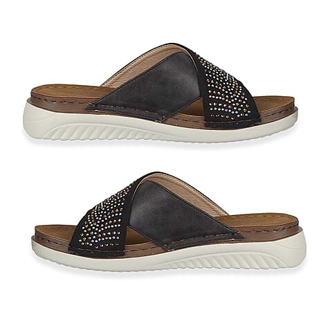 Shoetree Comfort Wisteria Ladies Lightweight Cross Over Mule With Diamante Trim And  Flexible Outsole (Size 8) - Black