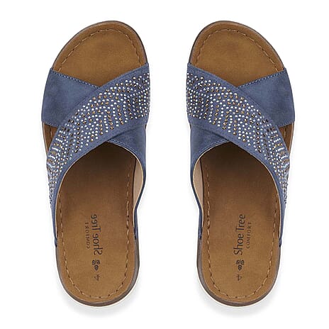 Shoetree Comfort Wisteria Ladies Lightweight Cross Over Mule With Diamante Trim And  Flexible Outsole (Size 7) - Navy