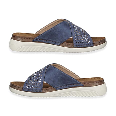 Shoetree Comfort Wisteria Ladies Lightweight Cross Over Mule With Diamante Trim And  Flexible Outsole (Size 8) - Navy