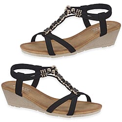 Jo & Joe Mango Ladies Wedge Sandal With Beaded Trim Embellishments And Elasticated Back Strap