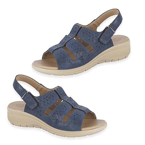 Shoetree Comfort Catania Womens Low Wedge Touch & Close Floral Pattern Cutout Design Sandals (Size - 8) - Navy