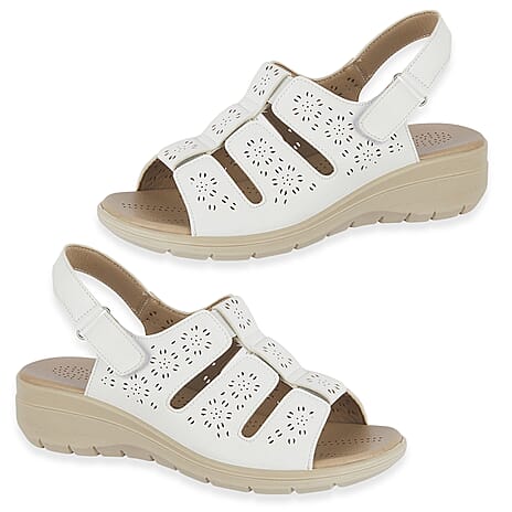 Shoetree Comfort Catania Womens Low Wedge Touch - Close Floral Pattern Cutout Design Sandals (Size - 3) - White