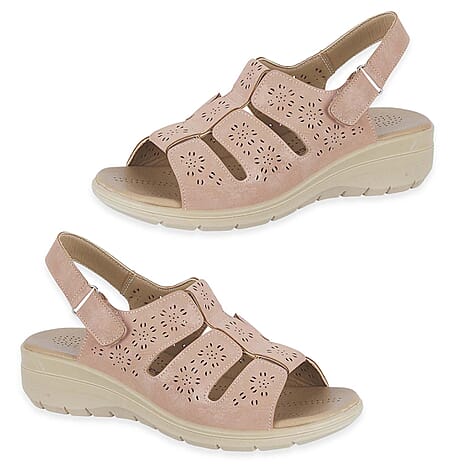 Shoetree Comfort Catania Womens Low Wedge Touch - Close Floral Pattern Cutout Design Sandals (Size - 5) - Pink