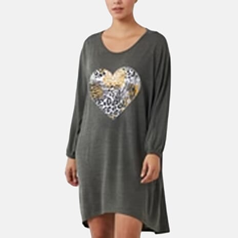 QED London Animal Heart Loose Fit Tunic Top (Size 8 to 12) - Khaki