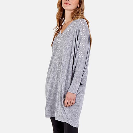 Qed London Pearl Embellished Oversize Batwing Top (Size 16 to 22) - Grey
