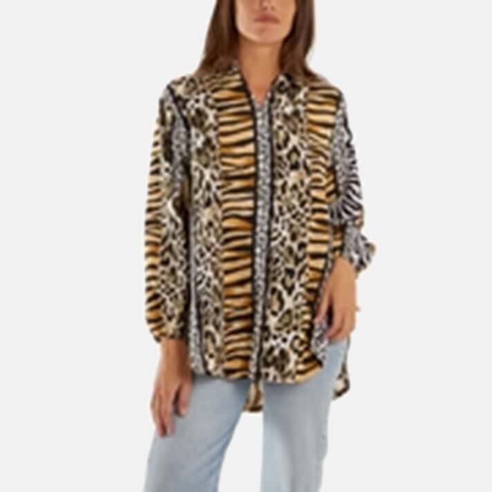 QED London Combined Animal Prints Loose Fit Shirt (Size 16 to 22) - Brown