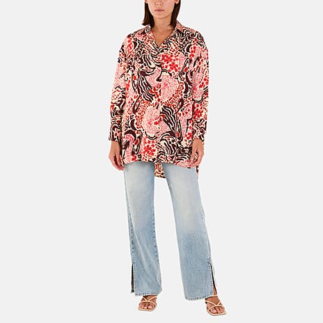 QED London Floral Print Long Sleeve Loose Fit  Shirt  (Size 8 to 12) - Brown