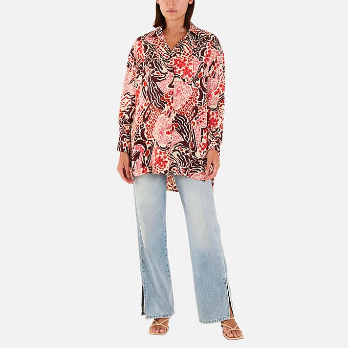QED London Floral Print Long Sleeve Loose Fit Shirt (Size 16 to 22) - Brown