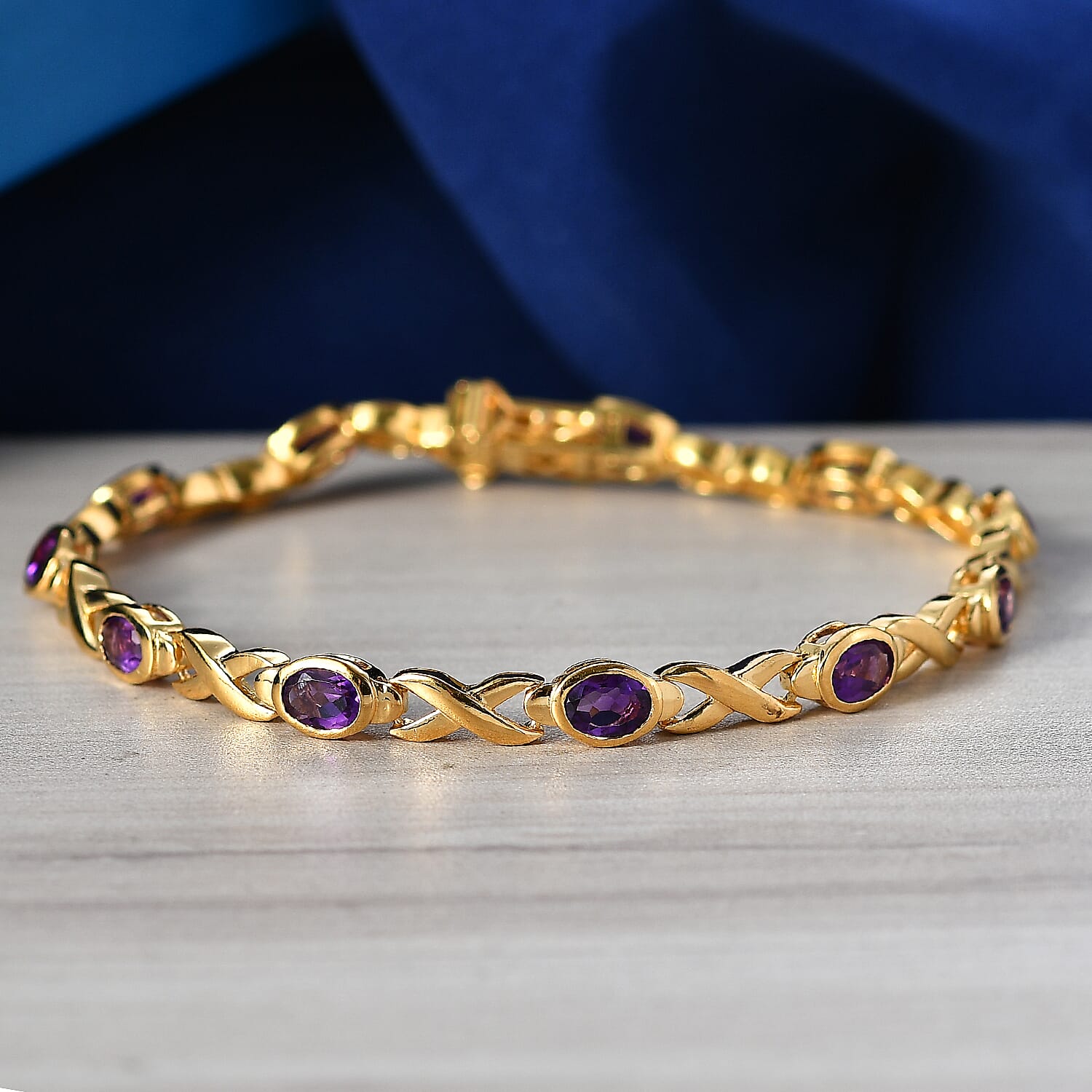 Royal Bali Collection - EverTrue African Amethyst Bracelet (Size - 8) with GB Lock Box in Yellow Gold Tone 4.57 Ct.
