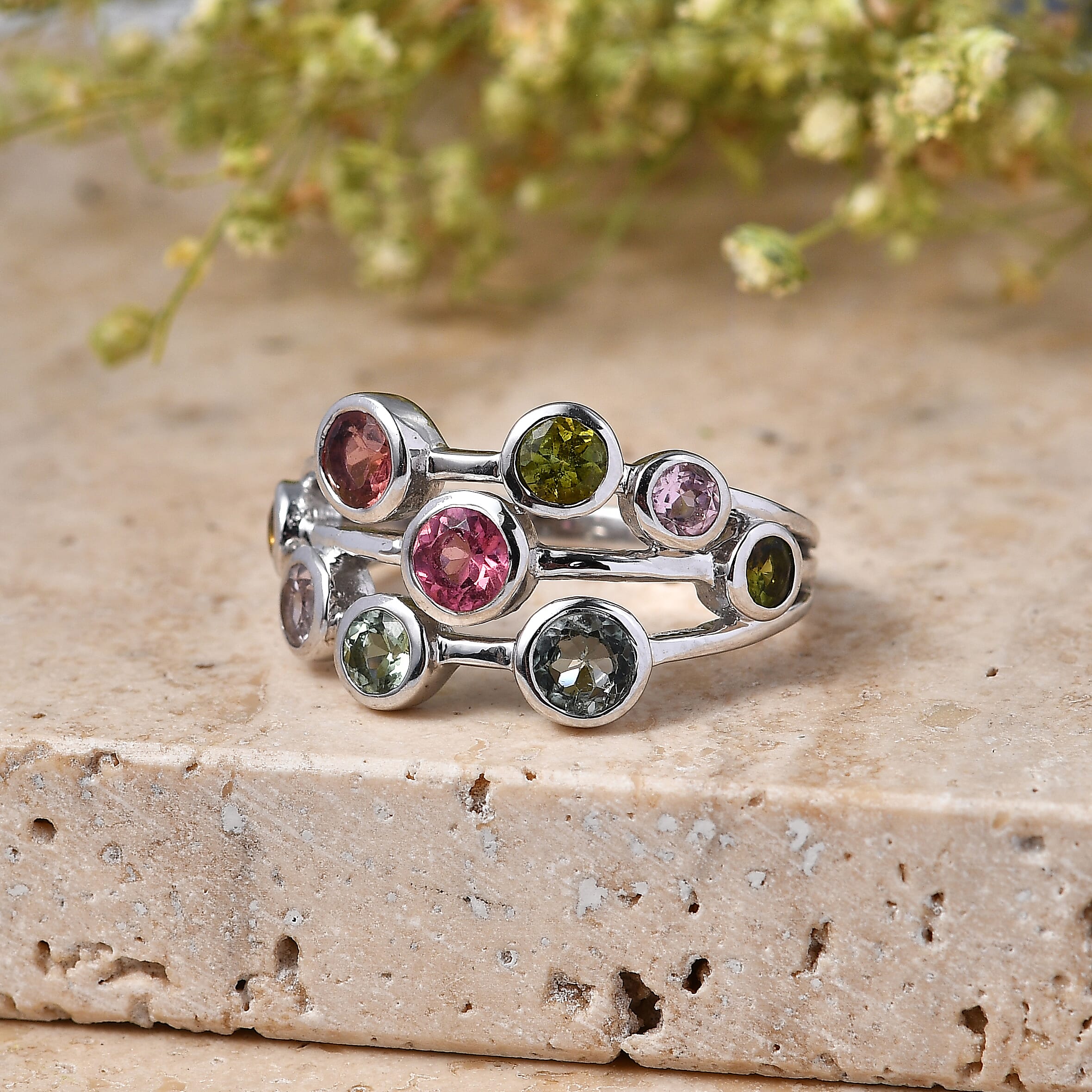 D'Joy - Multi-Tourmaline Cluster Ring in Rhodium Overlay Sterling Silver 1.73 Ct.