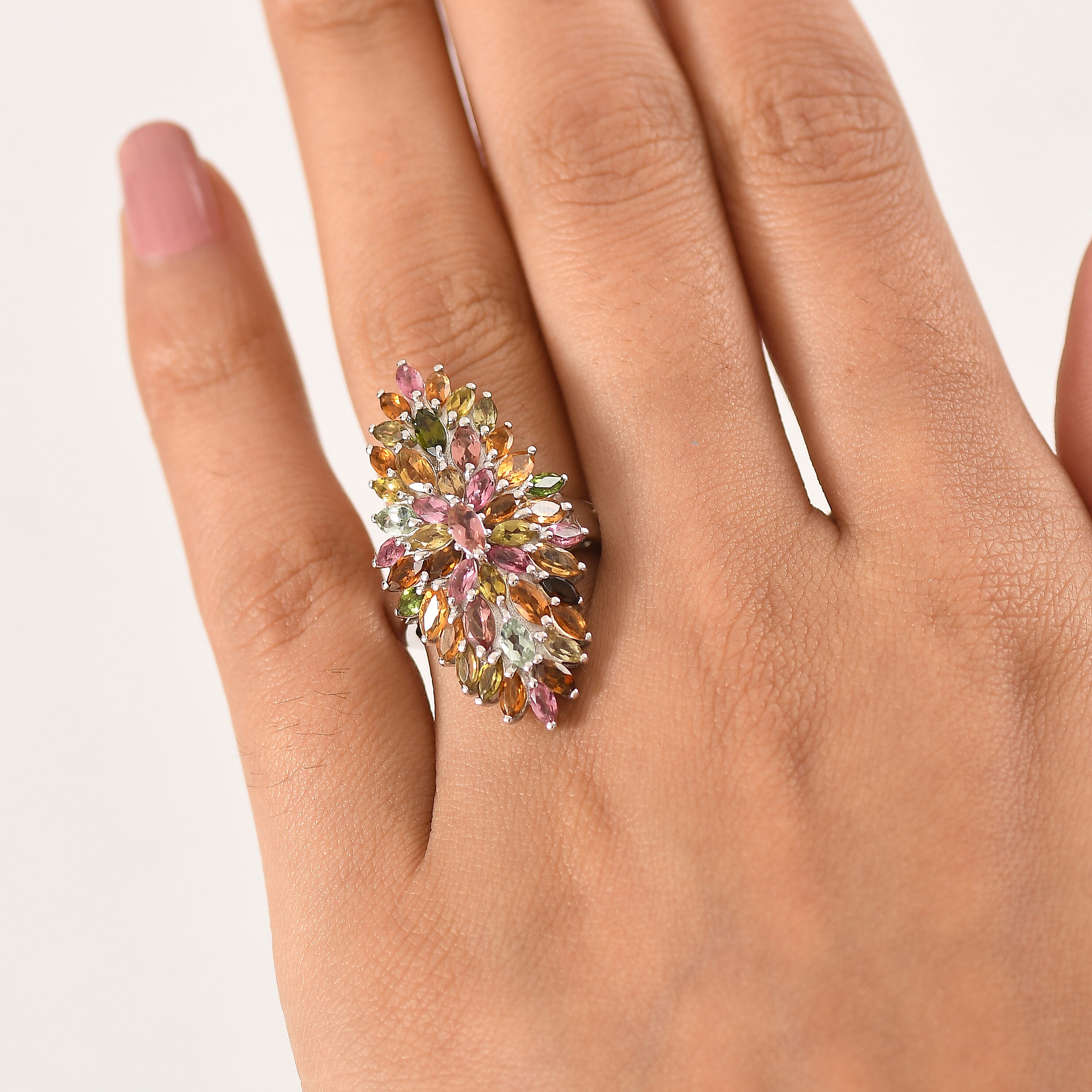 D'Joy Multi-Tourmaline Floral Cluster Ring in Rhodium Overlay Sterling Silver 4.28 Ct.