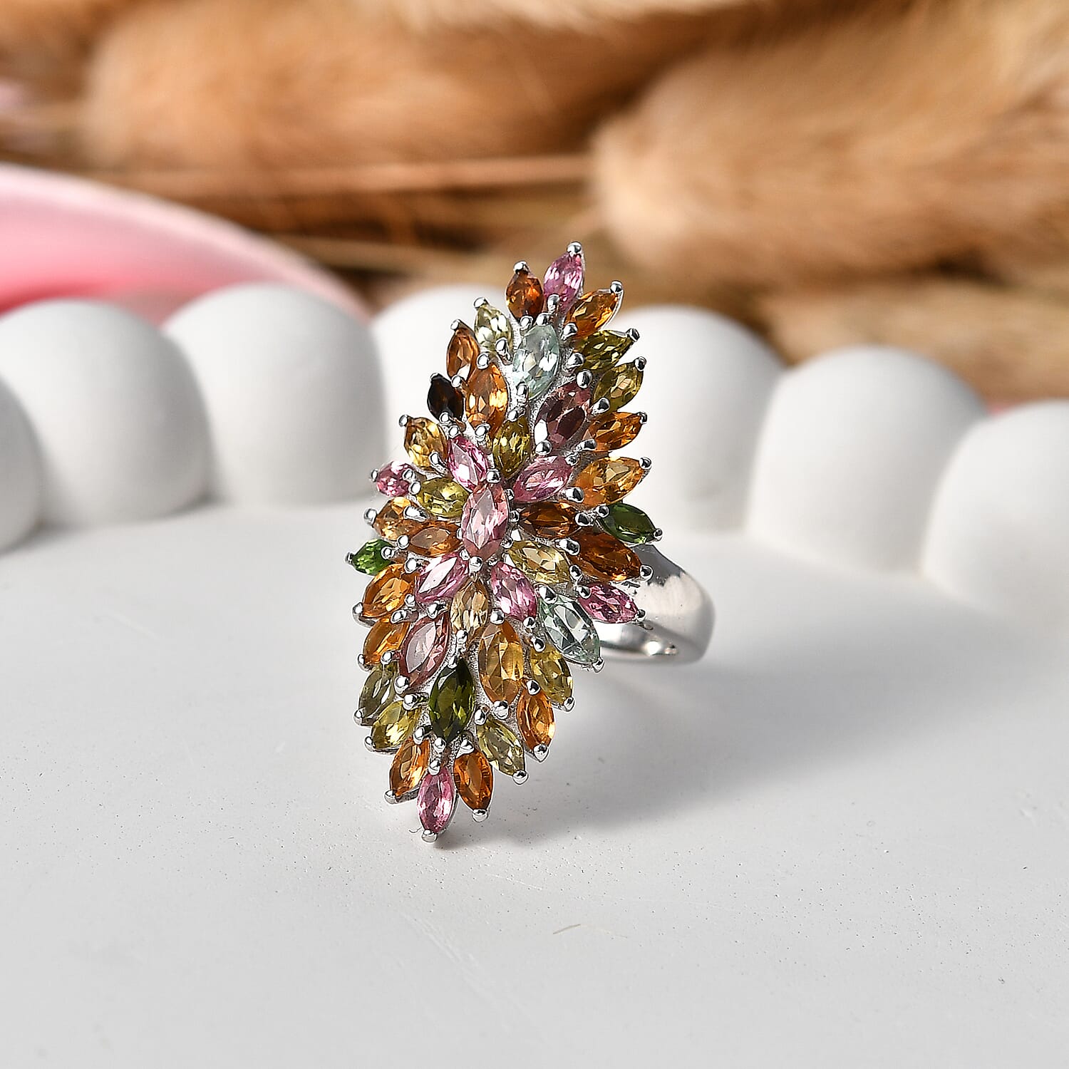 D'Joy Multi-Tourmaline Floral Cluster Ring in Rhodium Overlay Sterling Silver 4.28 Ct.