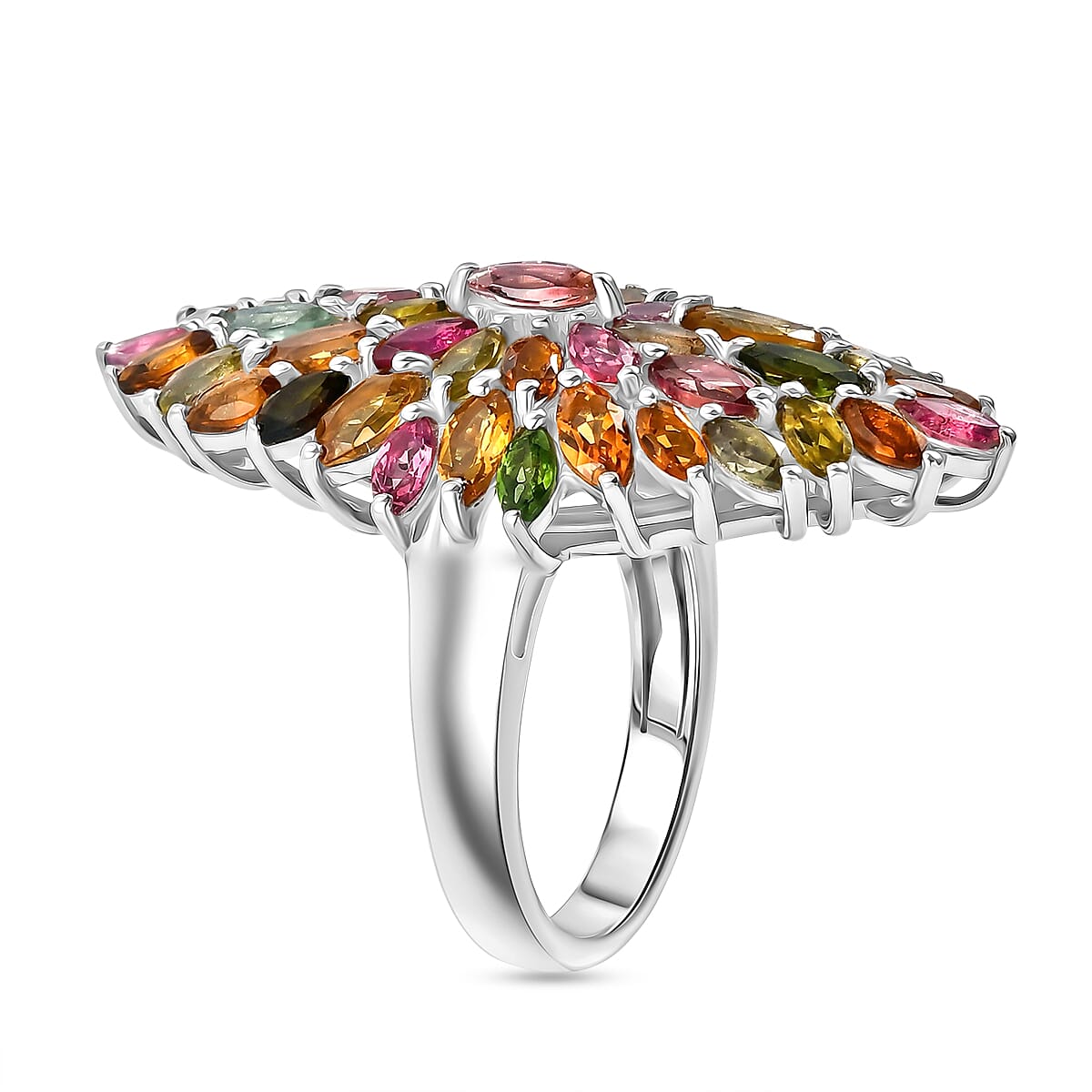 D'Joy Multi-Tourmaline Floral Cluster Ring in Rhodium Overlay Sterling Silver 4.28 Ct.