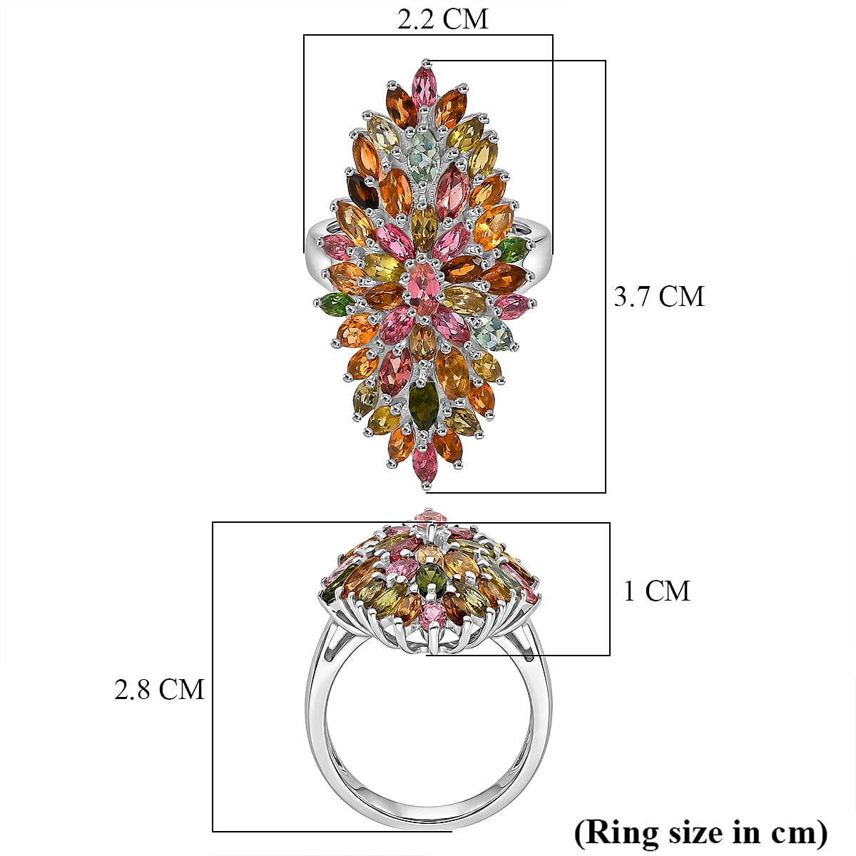 D'Joy Multi-Tourmaline Floral Cluster Ring in Rhodium Overlay Sterling Silver 4.28 Ct.