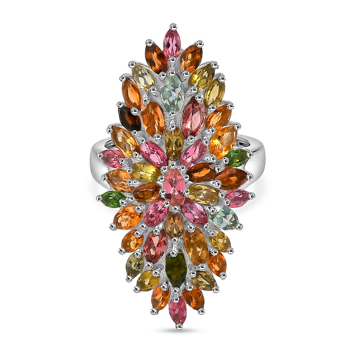 D'Joy Multi-Tourmaline Floral Cluster Ring in Rhodium Overlay Sterling Silver 4.28 Ct