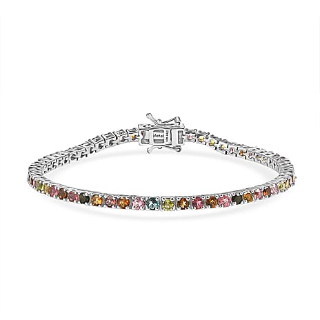 D'Joy - Multi-Tourmaline Tennis Bracelet (Size - 7.5) with GB Lock Box in Rhodium Overlay Sterling Silver 6.06 Ct, Silver Wt. 11.18 Gms