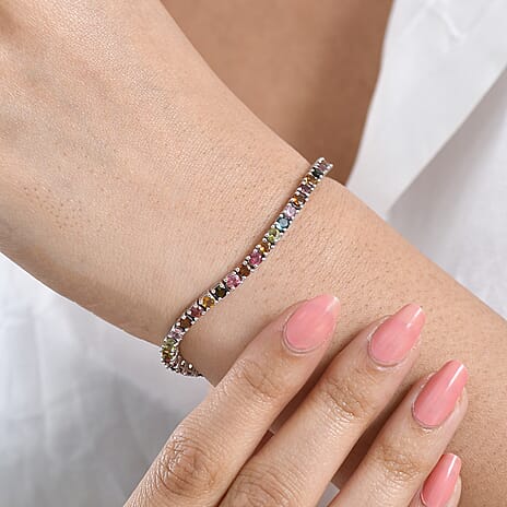 D'Joy - Multi-Tourmaline Tennis Bracelet (Size - 7.5) with GB Lock Box in Rhodium Overlay Sterling Silver 6.06 Ct, Silver Wt. 11.18 Gms