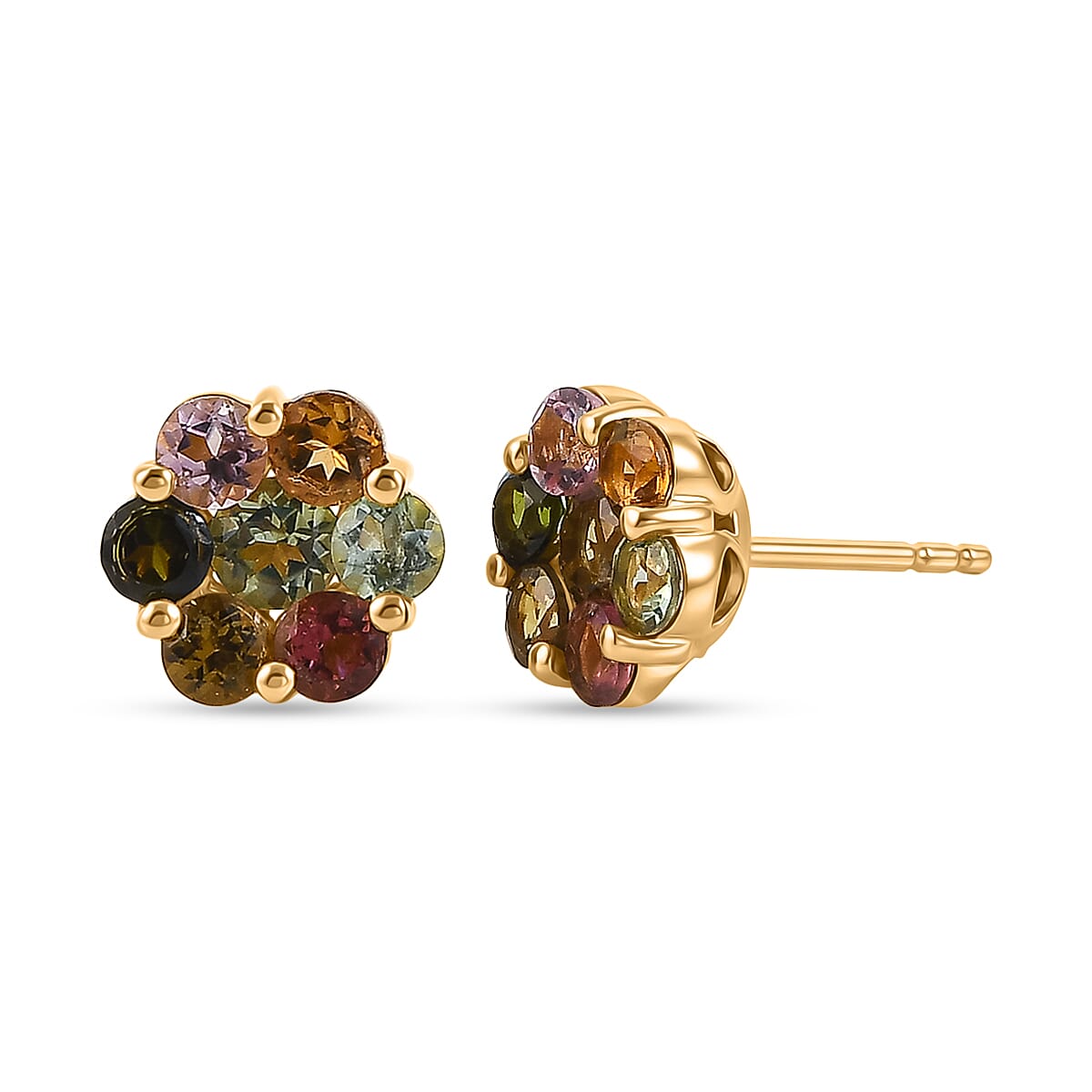 D'Joy - Multi-Tourmaline Earring with Push Post in Yellow Gold Plated Sterling Silver 1.75 Ct.