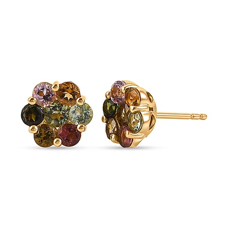 D'Joy - Multi-Tourmaline Earring with Push Post in Yellow Gold Plated Sterling Silver 1.75 Ct.