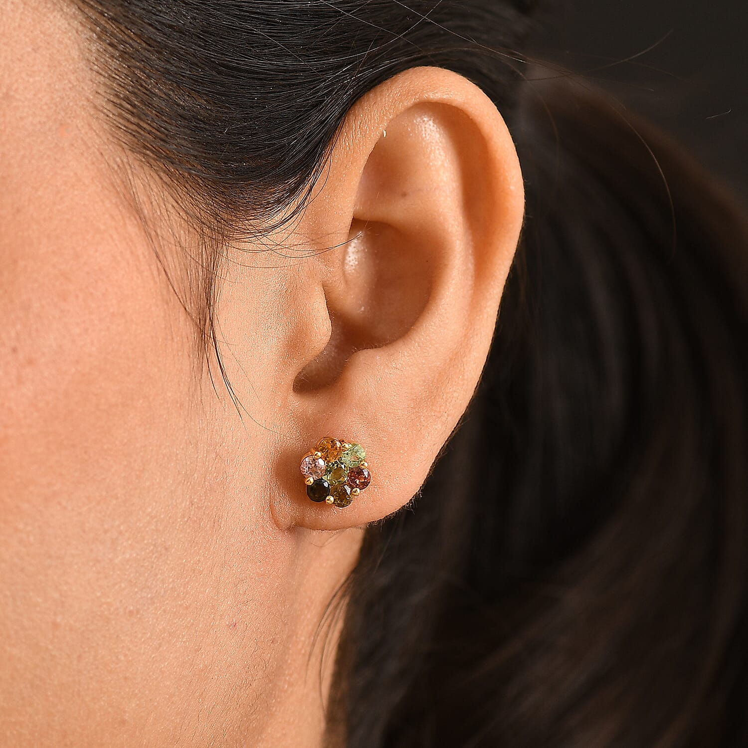 D'Joy - Multi-Tourmaline Earring with Push Post in Yellow Gold Plated Sterling Silver 1.75 Ct.