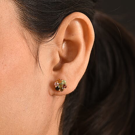 D'Joy - Multi-Tourmaline Earring with Push Post in Yellow Gold Plated Sterling Silver 1.75 Ct.